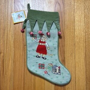 Adorable Brand New Needlepoint Christmas Stocking with Girl Dog